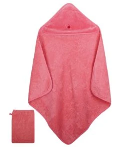 Eveil Et Nature Cape De Bain Et Gant 75x75 Cm Coton Bio Corail