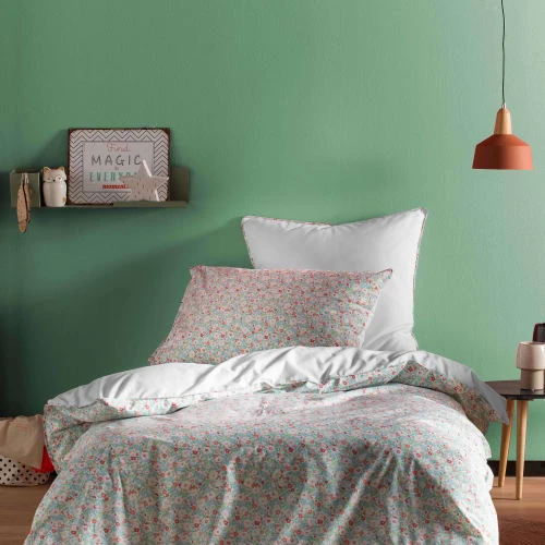 Blanc Cerise Housse De Couette Imprimée En Coton 200x200 Cm Vert Et Corail 2 Blanc Cerise Housse De Couette Imprimée En Coton 200x200 Cm Vert Et Corail – Image 2