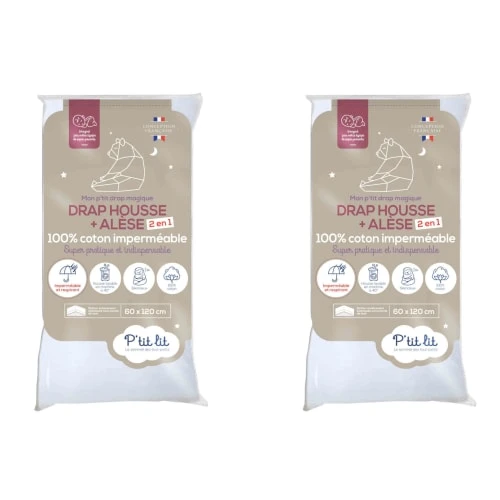 P'TIT LIT Lot De 2 Draps Housses Alèses 2 En 1 Coton Imperméable Blanc 70x140 Cm 1 P'TIT LIT Lot De 2 Draps Housses Alèses 2 En 1 Coton Imperméable Blanc 70x140 Cm