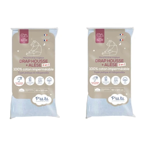 P'TIT LIT Lot De 2 Draps Housses Alèses 2 En 1 Coton Imperméable Gris 60x120 Cm 1 P'TIT LIT Lot De 2 Draps Housses Alèses 2 En 1 Coton Imperméable Gris 60x120 Cm