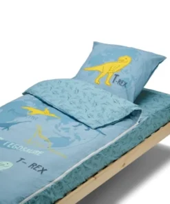 BLEU CALIN Parure De Lit Enfant Bleue Avec Couette Motif Dinosaure T-rex 90x190cm